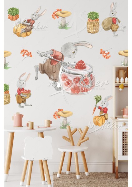 Eğlenceli Ahçı Tavşanlar Çocuk Odası Cam Duvar Sticker Seti