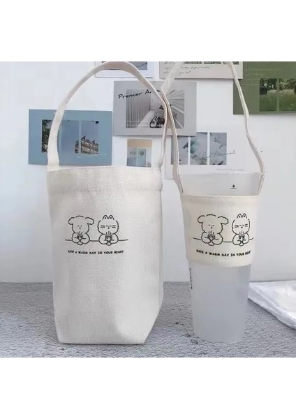 B Sevimli Su Şişesi Tutucu Taşıma Çantası Kahve Fincanı Depolama Kol Kapağı Tuval Baskı Süt Çay Seti Içme Suyu Şişesi Askısı Taşınabilir (Yurt Dışından)
