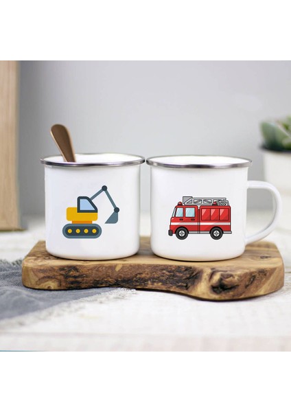 XH042-A015 360 ml Karikatür Araba Baskı Emaye Kahve Çay Kupaları Itfaiye Kamyonu Bardak Ev Partisi Içecek Suyu Bardak Kardeş Ev Su Kupa Drinkware (Yurt Dışından)