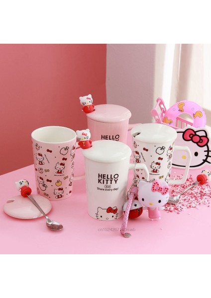 A7 380 ml Sanrio Hello Kitty Sevimli Karikatür Tiki Seramik Kupa Kahve Fincanı Kapaklı Taşımak Kaşık Kahvaltı Süt Kupalar Ev Ofis Için (Yurt Dışından)
