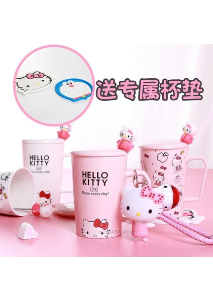 A7 380 ml Sanrio Hello Kitty Sevimli Karikatür Tiki Seramik Kupa Kahve Fincanı Kapaklı Taşımak Kaşık Kahvaltı Süt Kupalar Ev Ofis Için (Yurt Dışından)