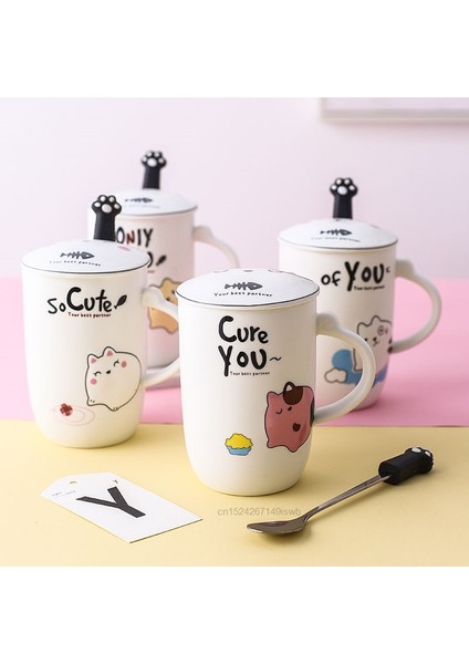 A7 380 ml Sanrio Hello Kitty Sevimli Karikatür Tiki Seramik Kupa Kahve Fincanı Kapaklı Taşımak Kaşık Kahvaltı Süt Kupalar Ev Ofis Için (Yurt Dışından)
