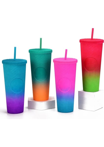 Temizle Degrade D 710ML 700ML 24OZ Çivili Bardak Bardak Çift Duvar Plastik Siyah Altın Yağ Kaygan Degrade Pembe Bling Çivili Pipetli Bardak (Yurt Dışından)