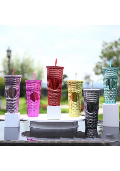Temizle Degrade D 710ML 700ML 24OZ Çivili Bardak Bardak Çift Duvar Plastik Siyah Altın Yağ Kaygan Degrade Pembe Bling Çivili Pipetli Bardak (Yurt Dışından)