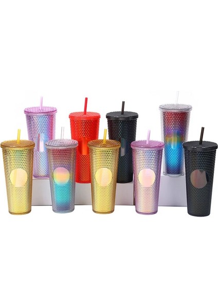 Temizle Degrade D 710ML 700ML 24OZ Çivili Bardak Bardak Çift Duvar Plastik Siyah Altın Yağ Kaygan Degrade Pembe Bling Çivili Pipetli Bardak (Yurt Dışından)