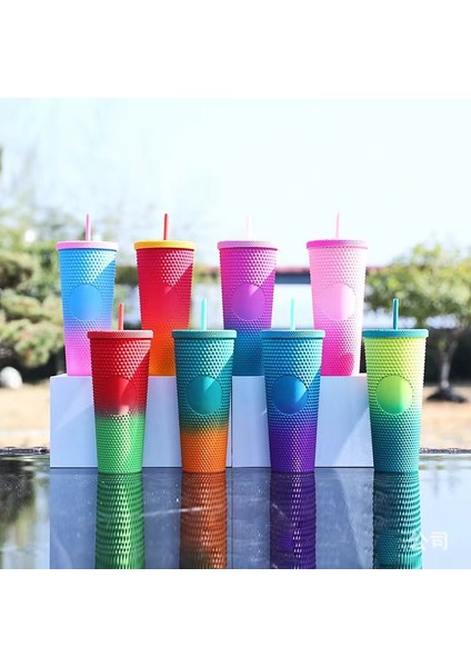 Temizle Degrade D 710ML 700ML 24OZ Çivili Bardak Bardak Çift Duvar Plastik Siyah Altın Yağ Kaygan Degrade Pembe Bling Çivili Pipetli Bardak (Yurt Dışından)