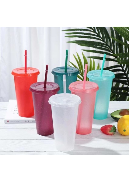 Açık Yeşil 700ML 400/700ML Yeniden Kullanılabilir Flaş Tozu Bardak Kapaklı Mat Kaplama Saman Bardak Diy Plastik Soğuk Su Şişesi Kahve Kupa Açık Parti (Yurt Dışından)