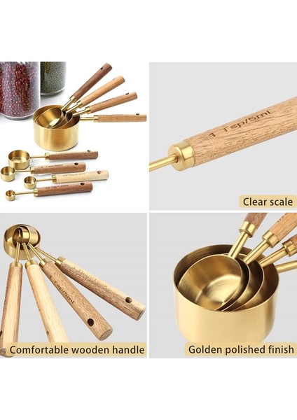 4 Kaşık 4/8 Adet Ahşap Altın Ölçme Bardak ve Kaşık Paslanmaz Çelik Gıda Kahve Unu Kepçe Mutfak Terazisi Pişirme Pişirme Gadget Setleri (Yurt Dışından)
