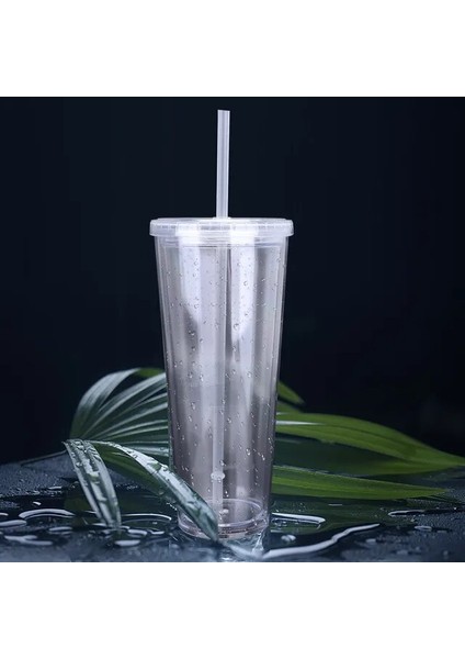 Şeffaf 450 ml Süt Tumbler Saman Bardak Içecekler Kapaklı Bardak Çift Katmanlı Plastik Smoothie Soğuk Içecek Seyahat Kupa Yeniden Kullanılabilir Meyve Bardağı Su Şişesi (Yurt Dışından)