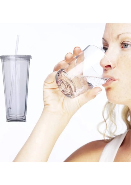 Şeffaf 450 ml Süt Tumbler Saman Bardak Içecekler Kapaklı Bardak Çift Katmanlı Plastik Smoothie Soğuk Içecek Seyahat Kupa Yeniden Kullanılabilir Meyve Bardağı Su Şişesi (Yurt Dışından)
