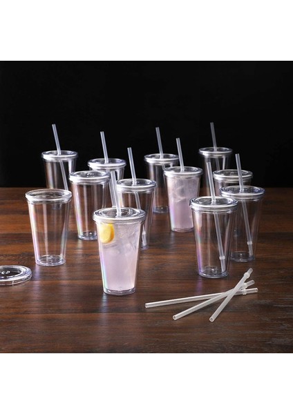 Şeffaf 450 ml Süt Tumbler Saman Bardak Içecekler Kapaklı Bardak Çift Katmanlı Plastik Smoothie Soğuk Içecek Seyahat Kupa Yeniden Kullanılabilir Meyve Bardağı Su Şişesi (Yurt Dışından)