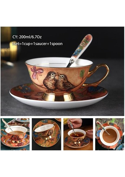 Turuncu Kuşlar 200 ml Avrupa Asil Kemik Çini Kahve Fincanı Tabağı Kaşık Seti 200 ml Lüks Seramik Kupa Üst Sınıf Porselen Çay Bardağı Cafe Parti Drinkware (Yurt Dışından)