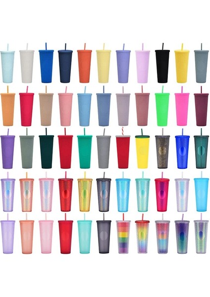 Buzlu Kırmızı 701-800ML Çift Duvar Dıy 700ML 710ML 24OZ Katı Pastel Renkli Plastik Durian Tumbler Durian Pipetli Bardak ve Kapaklı Logo Yok (Yurt Dışından)