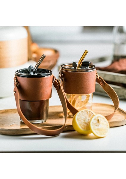 Kahverengi 450ML 450ML Kahve Gözlük Kapaklı Bardak Saman Isıya Dayanıklı Deri Kapak Cam Kupa Su Bardağı Çay Şarap Drinkware Gözlük Tumbler (Yurt Dışından)