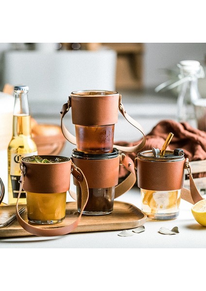 Kahverengi 450ML 450ML Kahve Gözlük Kapaklı Bardak Saman Isıya Dayanıklı Deri Kapak Cam Kupa Su Bardağı Çay Şarap Drinkware Gözlük Tumbler (Yurt Dışından)
