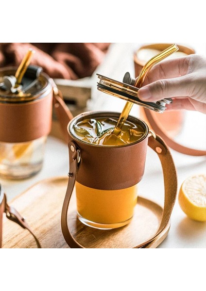 Kahverengi 450ML 450ML Kahve Gözlük Kapaklı Bardak Saman Isıya Dayanıklı Deri Kapak Cam Kupa Su Bardağı Çay Şarap Drinkware Gözlük Tumbler (Yurt Dışından)
