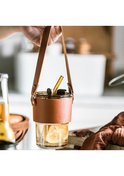Kahverengi 450ML 450ML Kahve Gözlük Kapaklı Bardak Saman Isıya Dayanıklı Deri Kapak Cam Kupa Su Bardağı Çay Şarap Drinkware Gözlük Tumbler (Yurt Dışından)