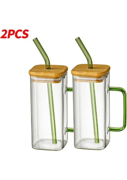 Set B 400ML 400ML Kare Kapaklı ve Pipetli Kupa Tek Renkli Saplı Katmanlı Içecek Bardağı Bardak Soda Buzlu Kahve Süt Kabarcık Çay Su (Yurt Dışından)
