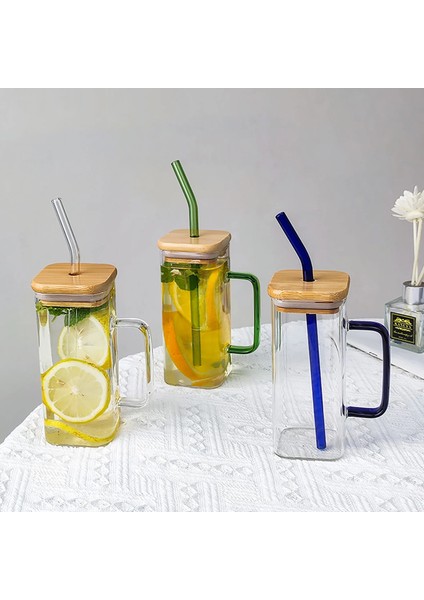 Set B 400ML 400ML Kare Kapaklı ve Pipetli Kupa Tek Renkli Saplı Katmanlı Içecek Bardağı Bardak Soda Buzlu Kahve Süt Kabarcık Çay Su (Yurt Dışından)
