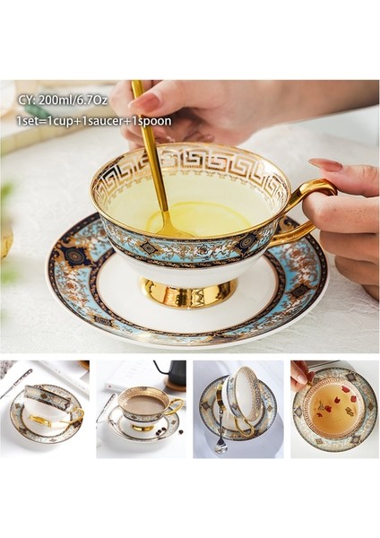 Barok 200 ml Avrupa Asil Kemik Çini Kahve Fincanı Tabağı Kaşık Seti 200 ml Lüks Seramik Kupa Üst Sınıf Porselen Çay Bardağı Cafe Parti Drinkware (Yurt Dışından)