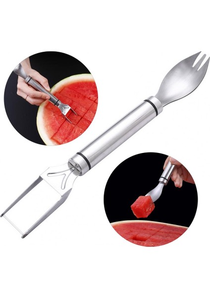 Gümüş Karpuz Dilimleyici Kullanımı Kolay Ergonomik Sap 2'si 1 Arada Yaz Meyve Çatal Kesici Anti-Pas Karpuz Bölücü Mutfak Gadget (Yurt Dışından)