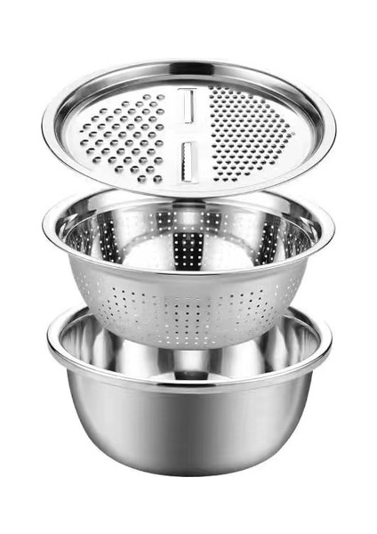 28 cm 3 Adet 3 In 1 Mutfak Sebze Havzası Rende Dilimleme Kesici Drenaj Sepeti Paslanmaz Çelik Patates Meyve Jülyen Rende Salata Yapımcısı Kase (Yurt Dışından)