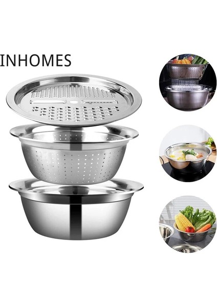 28 cm 3 Adet 3 In 1 Mutfak Sebze Havzası Rende Dilimleme Kesici Drenaj Sepeti Paslanmaz Çelik Patates Meyve Jülyen Rende Salata Yapımcısı Kase (Yurt Dışından) fırsatları