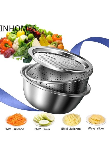 28 cm 3 Adet 3 In 1 Mutfak Sebze Havzası Rende Dilimleme Kesici Drenaj Sepeti Paslanmaz Çelik Patates Meyve Jülyen Rende Salata Yapımcısı Kase (Yurt Dışından) indirimleri