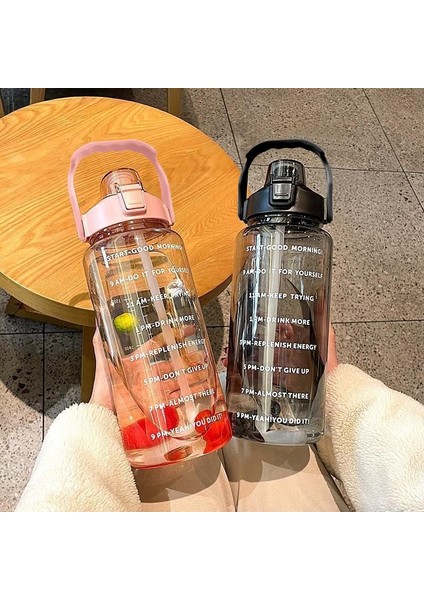 B Siyah 2000 ml 2 Litre Su Pipetli Şişe Kadın Kızlar Büyük Taşınabilir Seyahat Şişeleri Spor Fitness Fincan Yaz Soğuk Su Zaman Ölçeği ile (Yurt Dışından)
