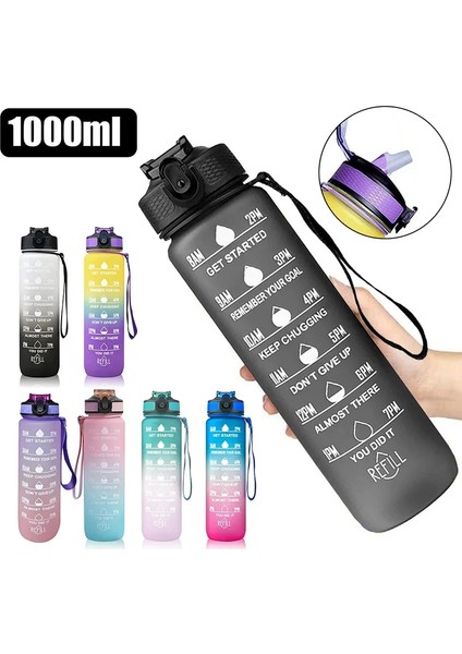New-01 800-1000ML 1 Litre Motivasyon Su Şişesi Saman Memesi ile Zaman Işaretleyici ile Spor Salonu Kamp Turu Için Sızdırmaz Spor Su Şişesi (Yurt Dışından)