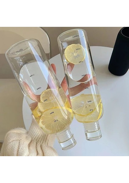 750ML 500-750ML 500/750ML Büyük Kapasiteli Cam Su Şişesi Zaman Işaretleyici ile Su Içmek Için Kapak Şeffaf Süt Suyu Bardağı Basit Bardak Hediye (Yurt Dışından)