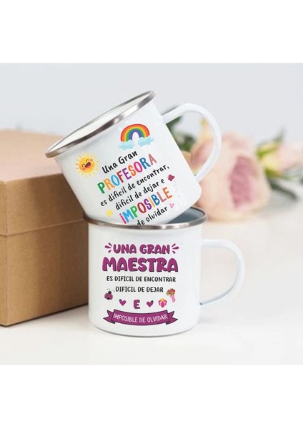 UXH233338-A015WH-8 360 ml Ispanyol Baskılı Kupalar Yaratıcı Kahve Fincanları Içecek Su Süt Kupası Emaye Kupa Okul Ev Kolu Drinkware Öğretmen Için Teşekkürler Hediyeler (Yurt Dışından)