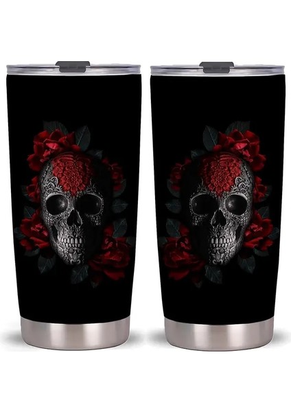 13 20 Oz Kafatası Çiçek Sanat Tumbler Kapaklı Bardak, Paslanmaz Çelik Çift Duvar Vakum Termos Yalıtımlı Seyahat Kahve Kupa Gençler Için Hediye (Yurt Dışından)
