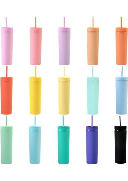 04 450ML 16OZ Çift Katmanlı Plastik Buzlu Su Bardağı 450ML Renkli Mat Su Şişesi Samanlı ve Kapaklı Kahve Fincanı Kupa Tumbler Hediyeler (Yurt Dışından)