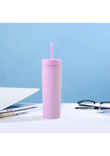 04 450ML 16OZ Çift Katmanlı Plastik Buzlu Su Bardağı 450ML Renkli Mat Su Şişesi Samanlı ve Kapaklı Kahve Fincanı Kupa Tumbler Hediyeler (Yurt Dışından)