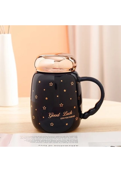 Koyu Mavi 450 ml Gypsophila Seramik Kahve Fincanı Yaratıcı Kahvaltı Handgrip Kapaklı Kupa Taşınabilir Çay Su Bardağı Porselen Sofra Noel Hediyesi (Yurt Dışından)