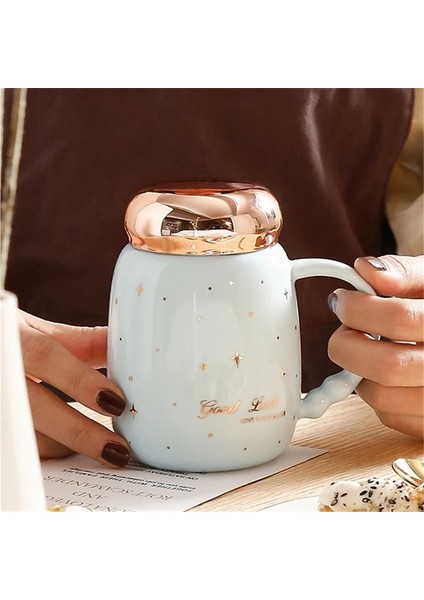 Koyu Mavi 450 ml Gypsophila Seramik Kahve Fincanı Yaratıcı Kahvaltı Handgrip Kapaklı Kupa Taşınabilir Çay Su Bardağı Porselen Sofra Noel Hediyesi (Yurt Dışından)