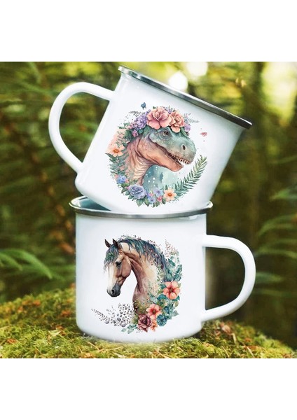 UXH237602-A015WH-8 360 ml Dinozor At Çiçek Baskı Emaye Kupa Yaratıcı Kahve Içecekler Bardak Kamp Kamp Ateşi Bardak Kolu Kupa Çocuklar Için Hediyeler Aile Arkadaşı (Yurt Dışından)