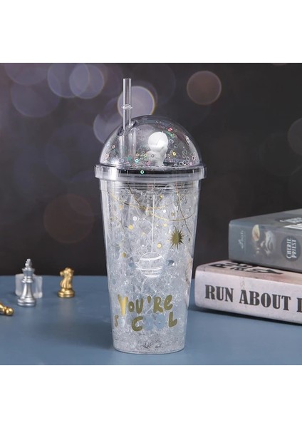 C 500 ml 500 ml Yaratıcı Buzlu Kahve Fincanı Plastik Pipetli Içme Şişesi Uzay Tarzı Su Şişesi Çift Duvar Bardak Bardak Hediye Onun Için (Yurt Dışından)