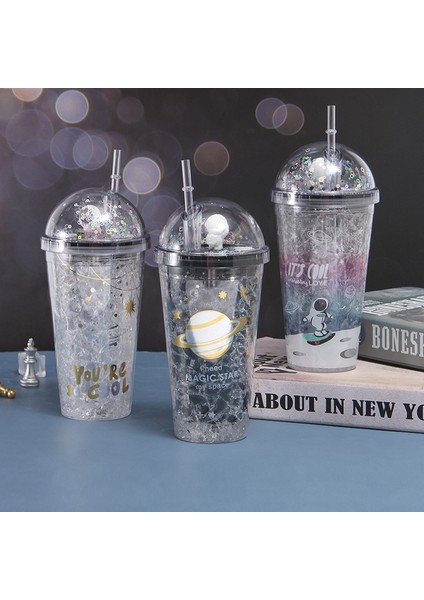 C 500 ml 500 ml Yaratıcı Buzlu Kahve Fincanı Plastik Pipetli Içme Şişesi Uzay Tarzı Su Şişesi Çift Duvar Bardak Bardak Hediye Onun Için (Yurt Dışından)