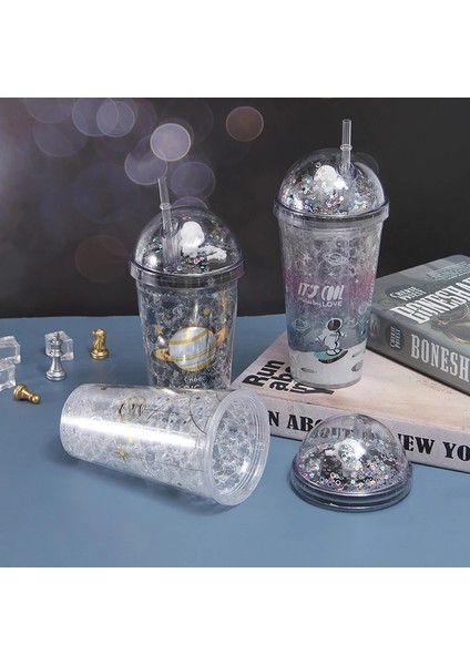 C 500 ml 500 ml Yaratıcı Buzlu Kahve Fincanı Plastik Pipetli Içme Şişesi Uzay Tarzı Su Şişesi Çift Duvar Bardak Bardak Hediye Onun Için (Yurt Dışından)