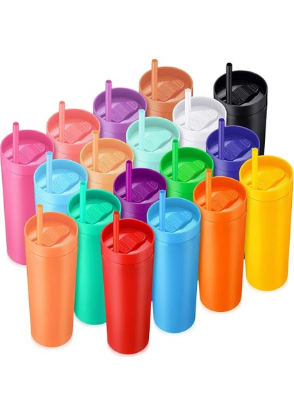 Renk 14 1pc 1pc 2 Adet 16OZ Kapaklı ve Samanlı Sıska Bardak Mat Bardak Yeniden Kullanılabilir Çift Duvar Plastik Soğuk Sıcak Içecekler Su Şişesi Bardakları (Yurt Dışından)