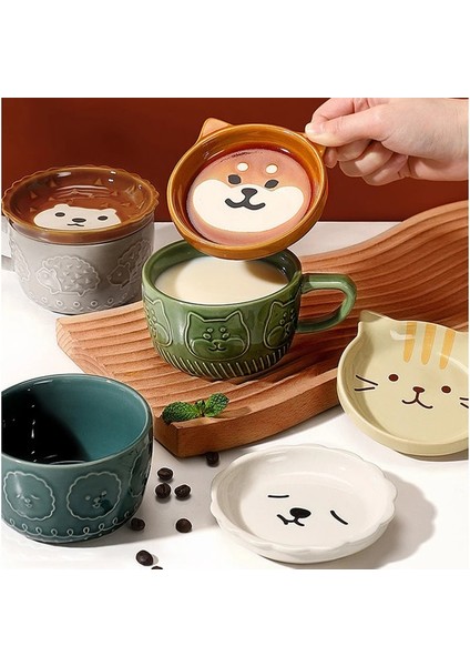 3BEAR450ML 400-450ML 300/450ML Karikatür Hayvan Seramik Kapaklı Kupa Kahvaltı Yulaf Ezmesi Fincan ve Tabak Süt Kahve Kaşıklı Kupa Mikrodalga Fırın Güvenli (Yurt Dışından)