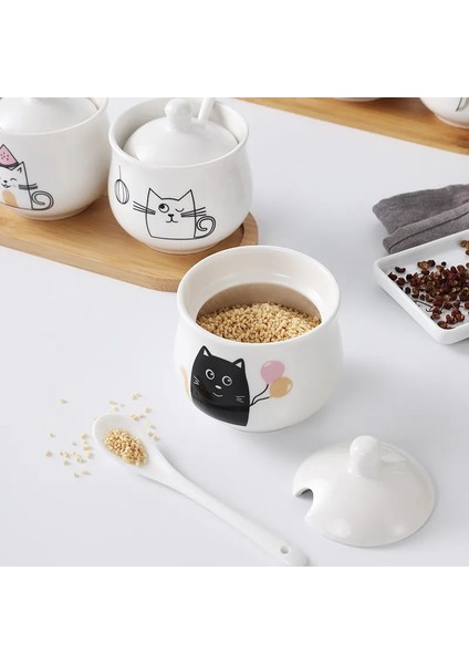 Kavanoz - Kapak Kaşık-8 300 ml Kapaklı Yaratıcı Seramik Baharat Kutusu Kaşık Kedi Baharat Kutusu Baharat Kutusu Mutfak Malzemeleri Tuz ve Şeker Saklama Kabı (Yurt Dışından)