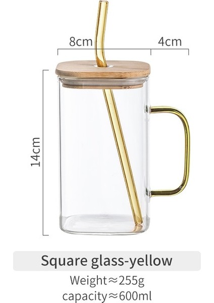 Sarı-Kare 501-600ML 600ML/400ML Kare Yuvarlak Kapaklı ve Saman Kupa Tek Renkli Saplı Katmanlı Yüksek Borosilikat Cam Buzlu Kahve Sütlü Kabarcık Çay (Yurt Dışından)