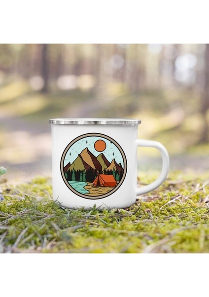 UXH213821-A015WH-8 360 ml Ay Güneş Dağlar Baskı Kupalar Kamp Emaye Kupa Macera Kamp Ateşi Parti Bira Kahve Fincanı Dağ Kolu Bardaklar Camper Için Hediyeler (Yurt Dışından)