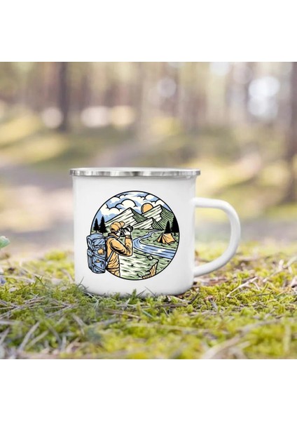 UXH213821-A015WH-8 360 ml Ay Güneş Dağlar Baskı Kupalar Kamp Emaye Kupa Macera Kamp Ateşi Parti Bira Kahve Fincanı Dağ Kolu Bardaklar Camper Için Hediyeler (Yurt Dışından)