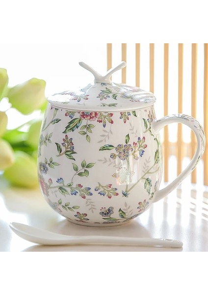 01 Vintage Seramik Kahve Kupa Kapaklı ve Kaşık Kemik Çini Kahve Fincanı Setleri 450 ml Seramik Yaratıcı Basit Süt Bardak Çift Hediyeler (Yurt Dışından)