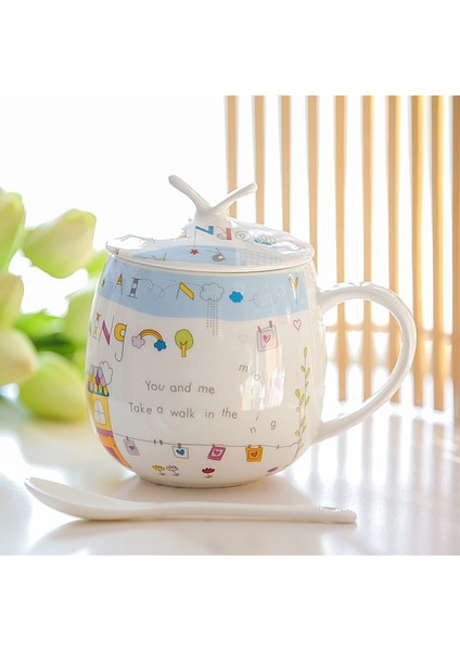 01 Vintage Seramik Kahve Kupa Kapaklı ve Kaşık Kemik Çini Kahve Fincanı Setleri 450 ml Seramik Yaratıcı Basit Süt Bardak Çift Hediyeler (Yurt Dışından)
