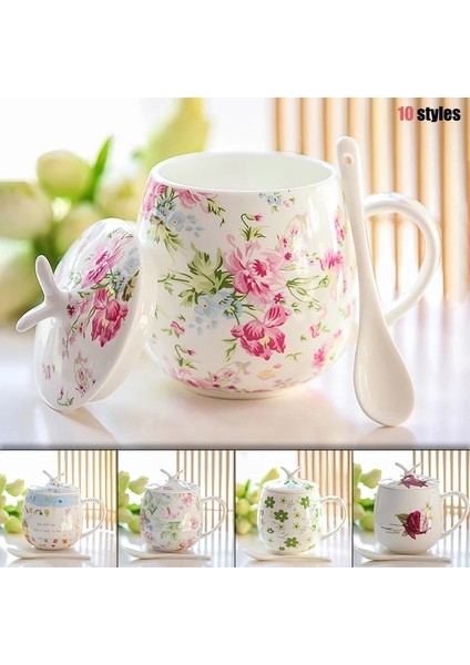 01 Vintage Seramik Kahve Kupa Kapaklı ve Kaşık Kemik Çini Kahve Fincanı Setleri 450 ml Seramik Yaratıcı Basit Süt Bardak Çift Hediyeler (Yurt Dışından)